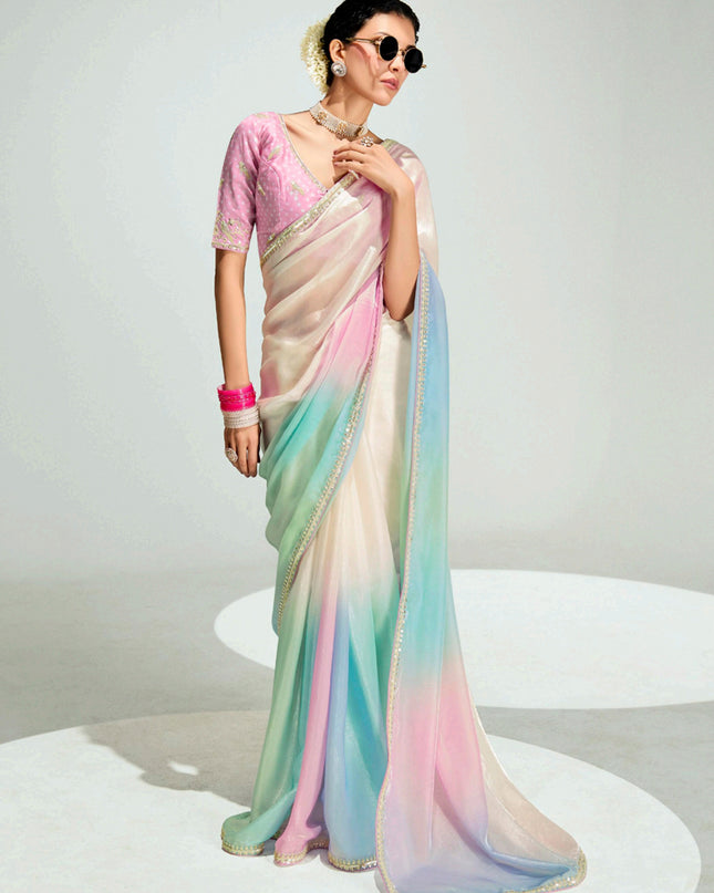 Charming Multicolor Organza Tissue Embroidered Designer Wedding Saree