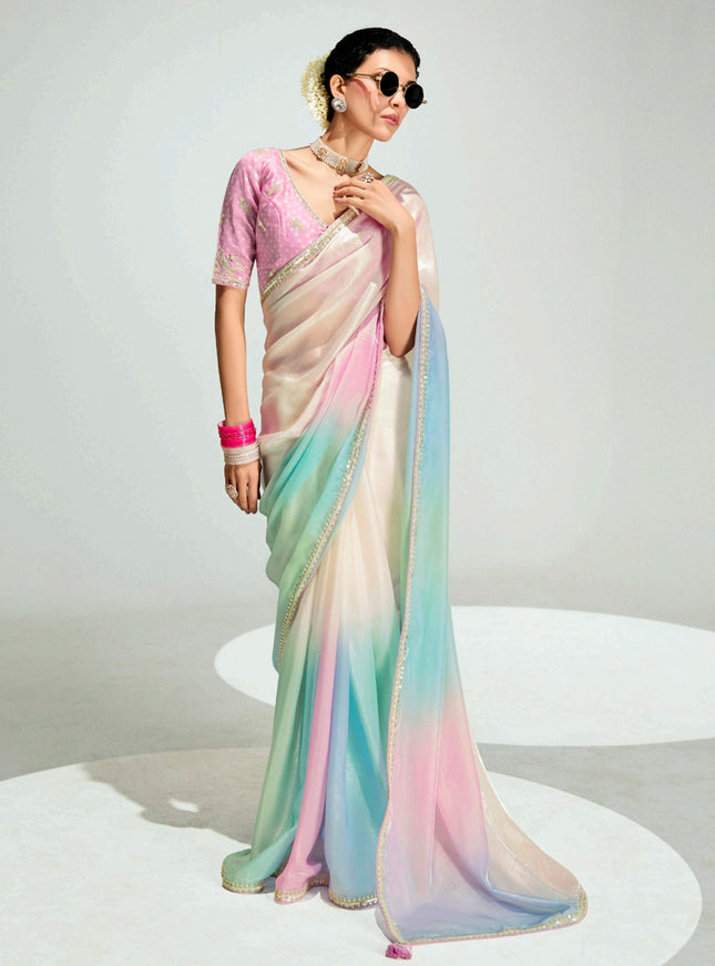 Charming Multicolor Organza Tissue Embroidered Designer Wedding Saree