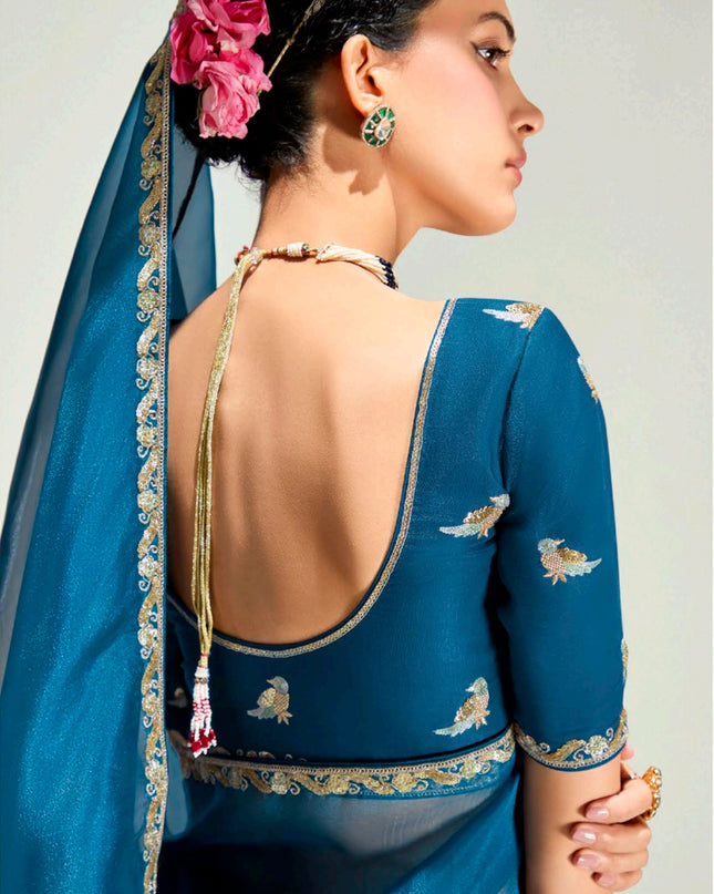 Attractive Peacock Blue and Burgundy Organza Tissue Embroidered Designer Wedding Saree