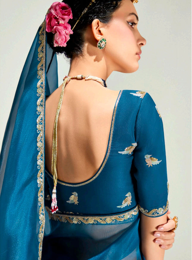 Attractive Peacock Blue and Burgundy Organza Tissue Embroidered Designer Wedding Saree