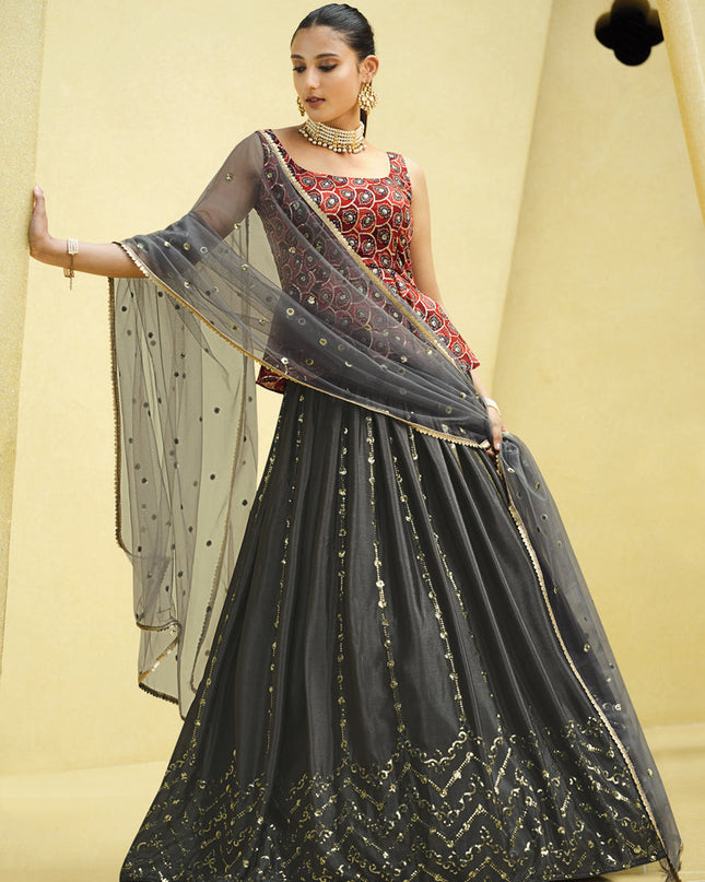 Graceful Charcoal Grey Chinnon Silk Embellished Designer Lehenga Choli
