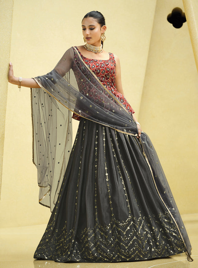 Graceful Charcoal Grey Chinnon Silk Embellished Designer Lehenga Choli