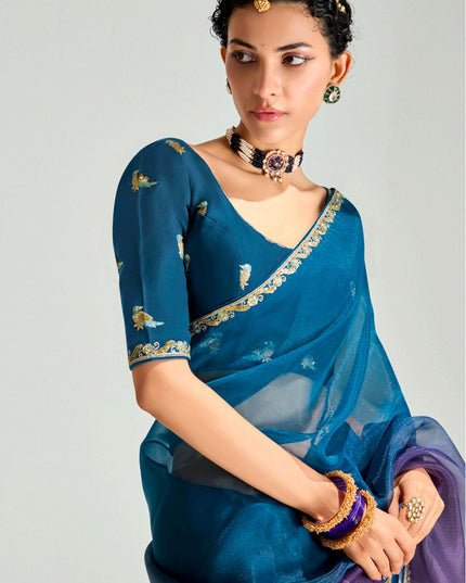 Attractive Peacock Blue and Burgundy Organza Tissue Embroidered Designer Wedding Saree