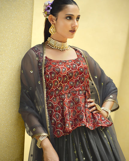 Graceful Charcoal Grey Chinnon Silk Embellished Designer Lehenga Choli