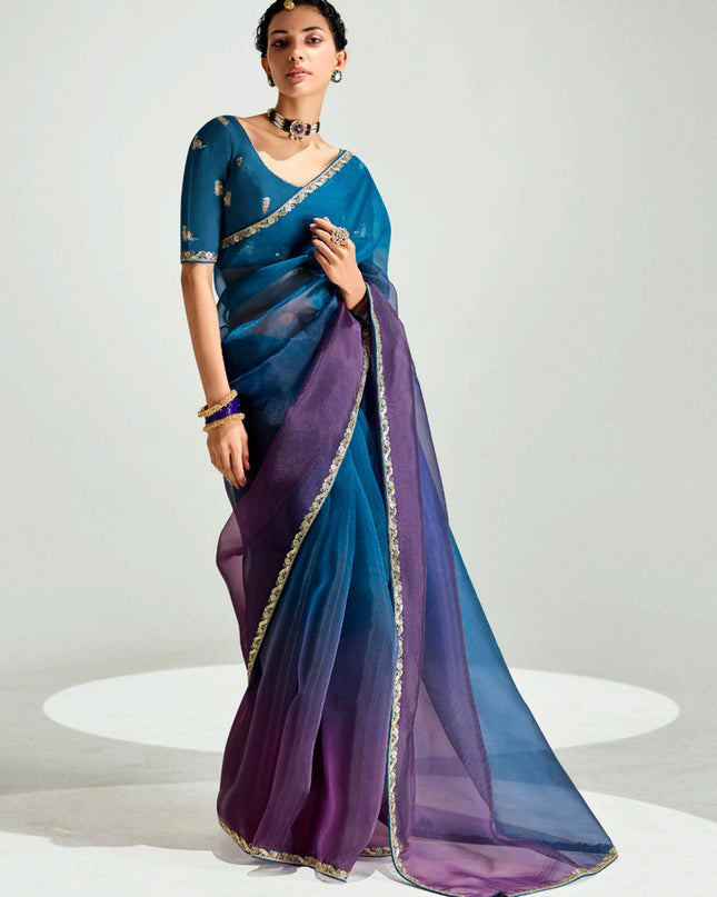 Attractive Peacock Blue and Burgundy Organza Tissue Embroidered Designer Wedding Saree