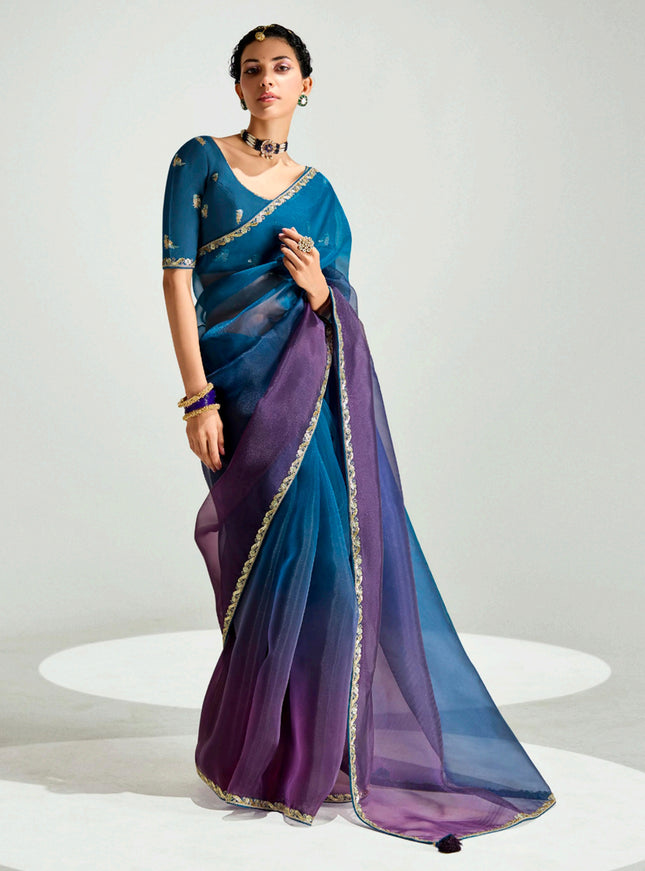 Attractive Peacock Blue and Burgundy Organza Tissue Embroidered Designer Wedding Saree