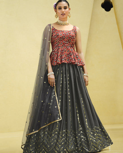 Graceful Charcoal Grey Chinnon Silk Embellished Designer Lehenga Choli