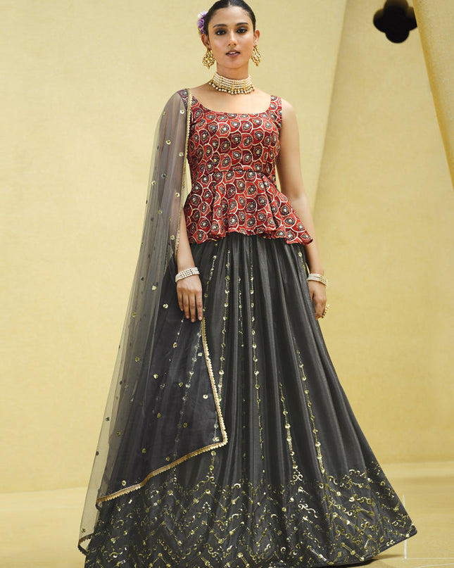 Graceful Charcoal Grey Chinnon Silk Embellished Designer Lehenga Choli