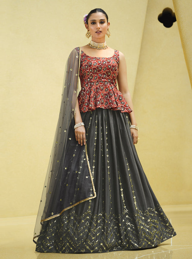 Graceful Charcoal Grey Chinnon Silk Embellished Designer Lehenga Choli