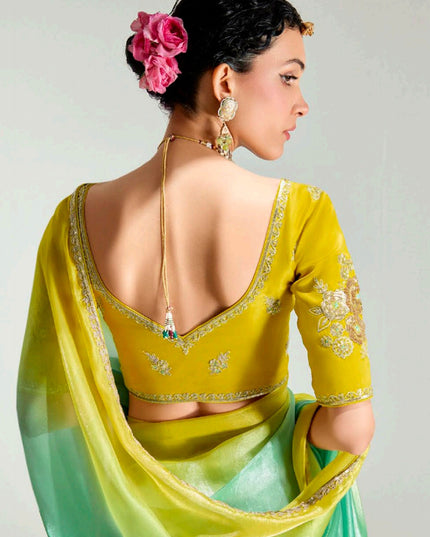 Stylish Sea Green and Lemon Yellow Organza Tissue Embroidered Designer Wedding Saree