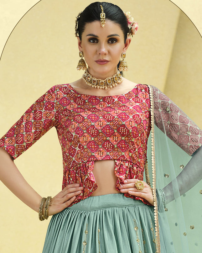 Sophisticated Mint Blue Chinnon Silk Embellished Designer Lehenga Choli