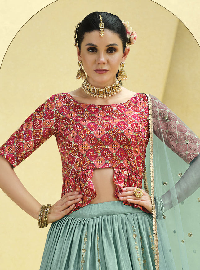 Sophisticated Mint Blue Chinnon Silk Embellished Designer Lehenga Choli