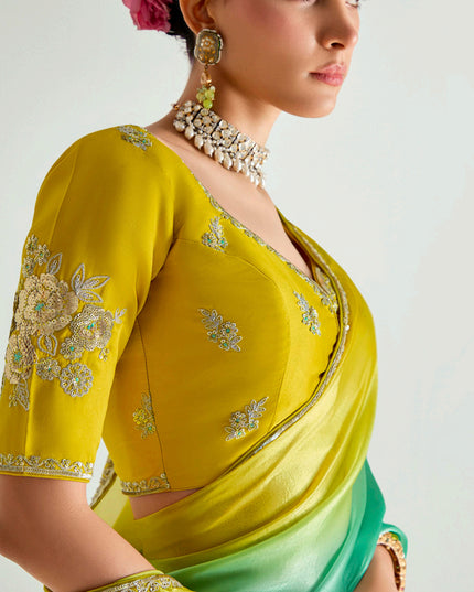 Stylish Sea Green and Lemon Yellow Organza Tissue Embroidered Designer Wedding Saree