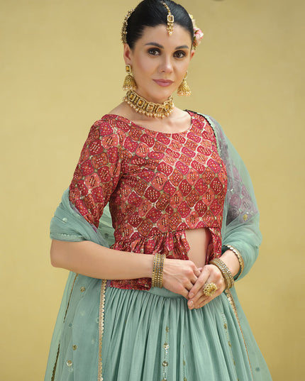 Sophisticated Mint Blue Chinnon Silk Embellished Designer Lehenga Choli