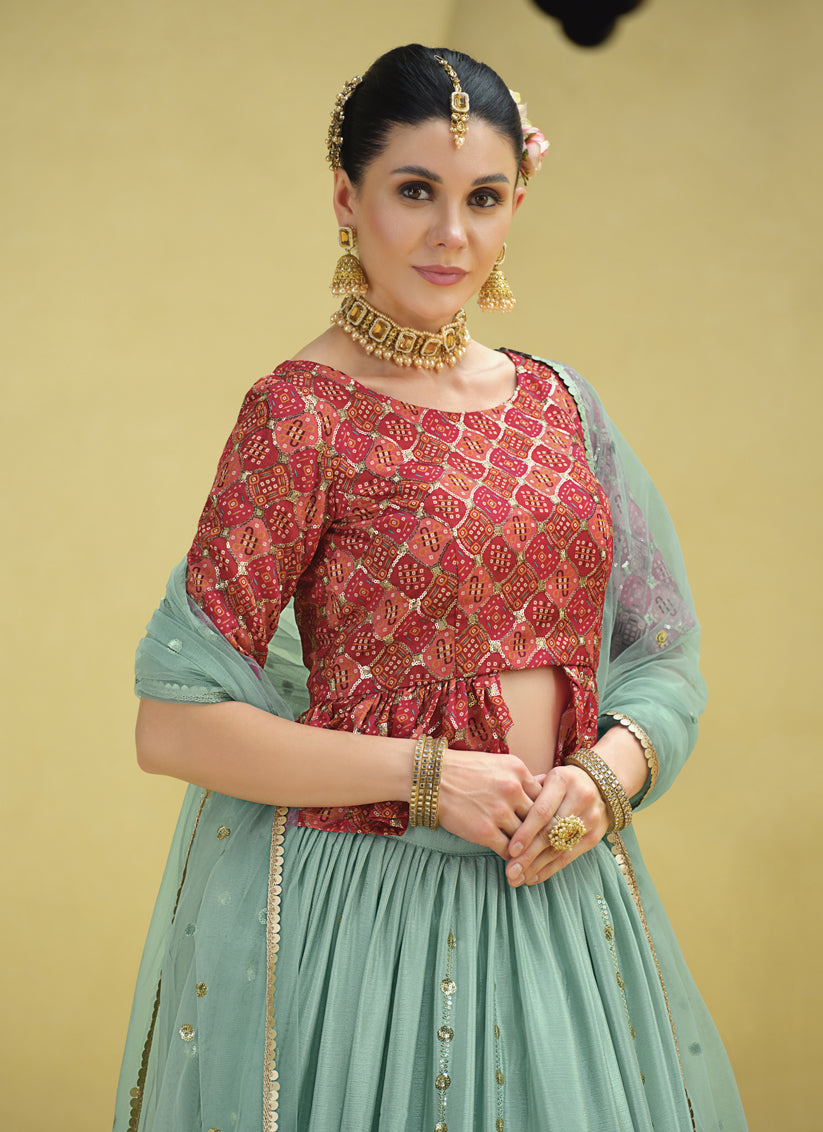 Sophisticated Mint Blue Chinnon Silk Embellished Designer Lehenga Choli