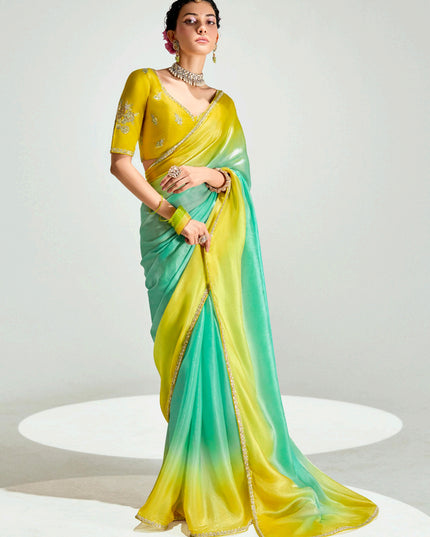 Stylish Sea Green and Lemon Yellow Organza Tissue Embroidered Designer Wedding Saree