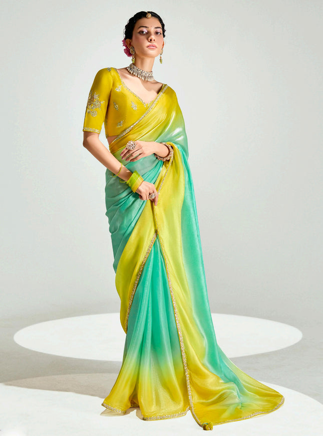 Stylish Sea Green and Lemon Yellow Organza Tissue Embroidered Designer Wedding Saree