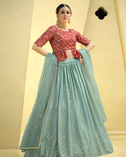 Sophisticated Mint Blue Chinnon Silk Embellished Designer Lehenga Choli