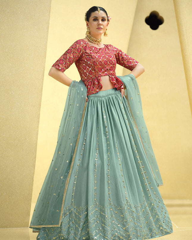 Sophisticated Mint Blue Chinnon Silk Embellished Designer Lehenga Choli