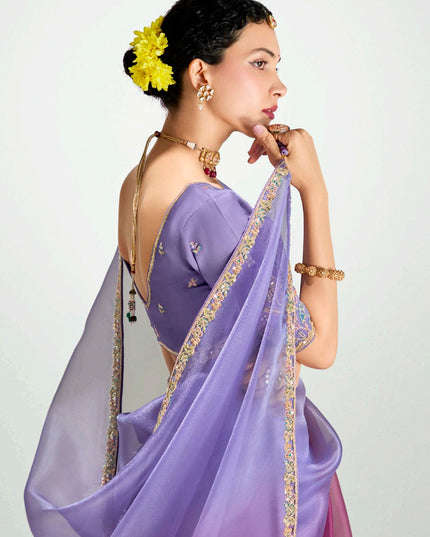 Amazing Lavender and Magenta Organza Tissue Embroidered Designer Wedding Saree