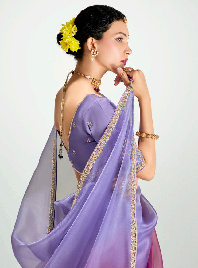 Amazing Lavender and Magenta Organza Tissue Embroidered Designer Wedding Saree
