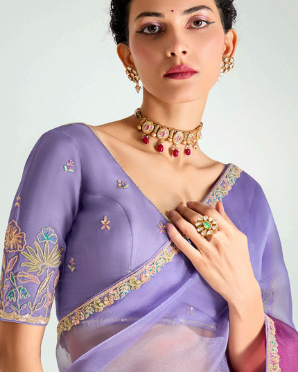 Amazing Lavender and Magenta Organza Tissue Embroidered Designer Wedding Saree