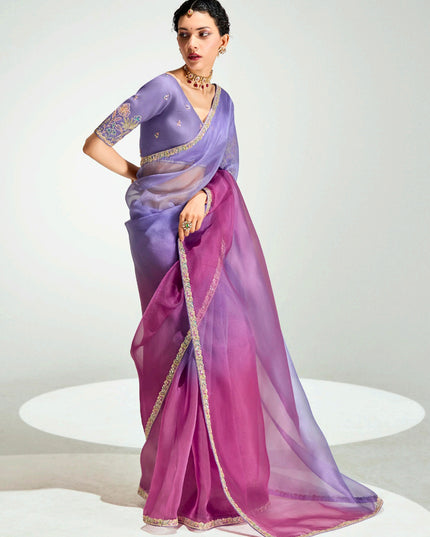 Amazing Lavender and Magenta Organza Tissue Embroidered Designer Wedding Saree