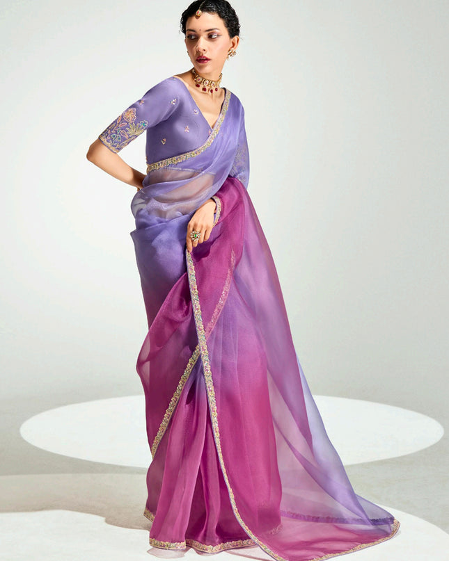 Amazing Lavender and Magenta Organza Tissue Embroidered Designer Wedding Saree