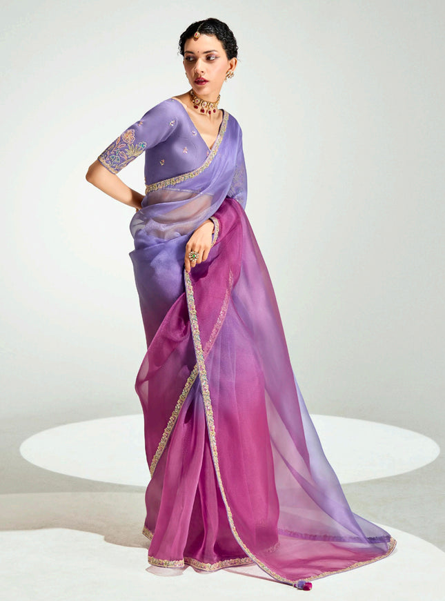 Amazing Lavender and Magenta Organza Tissue Embroidered Designer Wedding Saree