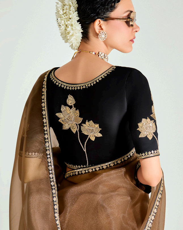 Delicate Snuff Brown and Black Organza Tissue Embroidered Designer Wedding Saree