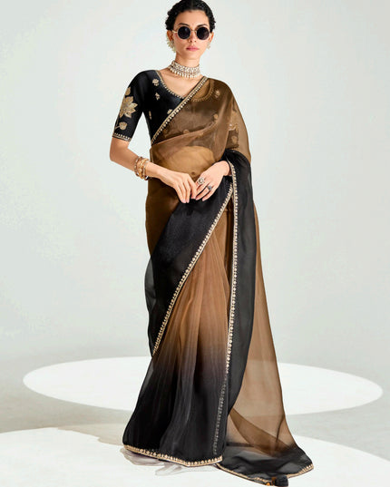 Delicate Snuff Brown and Black Organza Tissue Embroidered Designer Wedding Saree