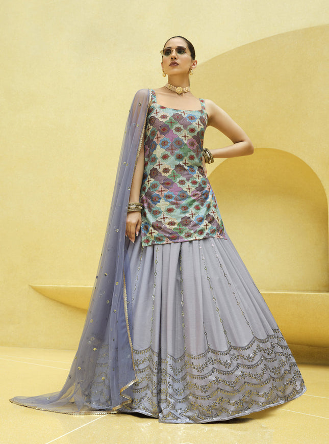 Fabulous Lavender Grey Chinnon Silk Embellished Designer Lehenga Kameez