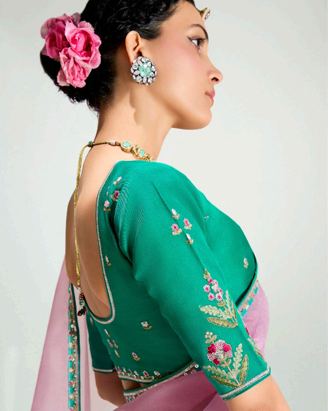 Sweet Sea Green and Lilac Pink Organza Tissue Embroidered Designer Wedding Saree