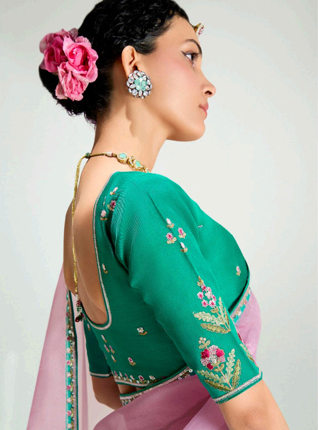 Sweet Sea Green and Lilac Pink Organza Tissue Embroidered Designer Wedding Saree