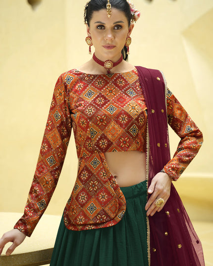 Delightful Pine Green Chinnon Silk Embellished Designer Lehenga Choli