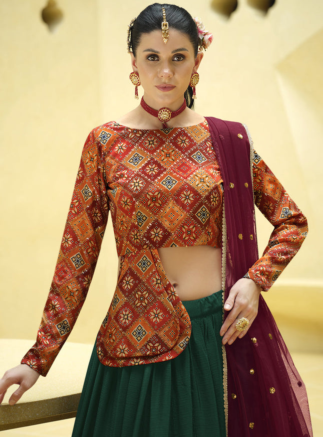 Delightful Pine Green Chinnon Silk Embellished Designer Lehenga Choli