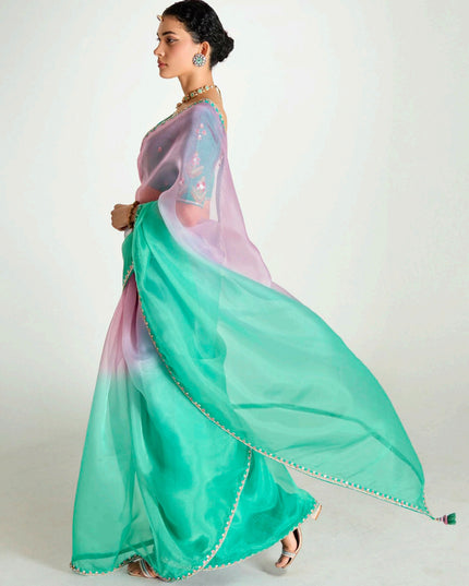 Sweet Sea Green and Lilac Pink Organza Tissue Embroidered Designer Wedding Saree