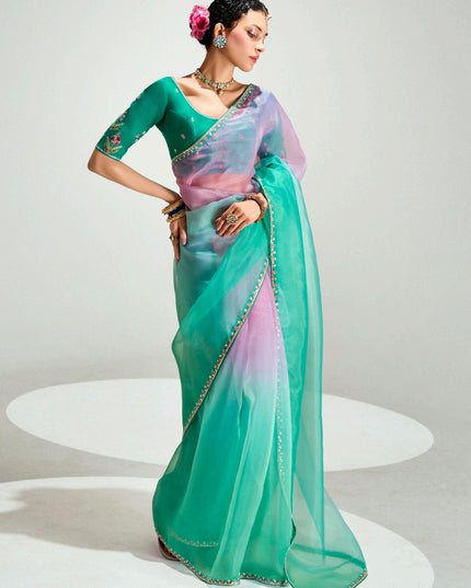 Sweet Sea Green and Lilac Pink Organza Tissue Embroidered Designer Wedding Saree