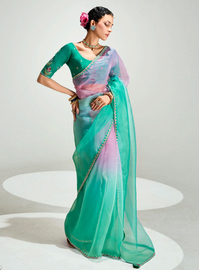 Sweet Sea Green and Lilac Pink Organza Tissue Embroidered Designer Wedding Saree