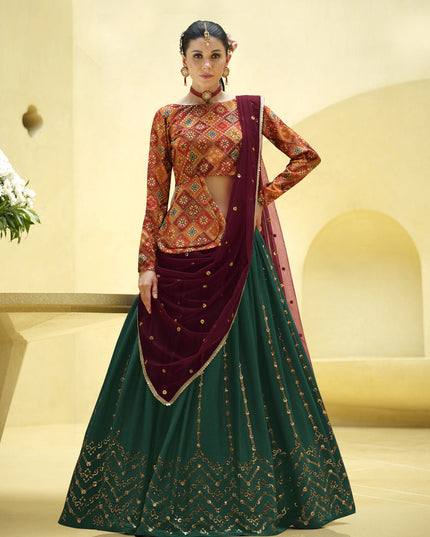 Delightful Pine Green Chinnon Silk Embellished Designer Lehenga Choli