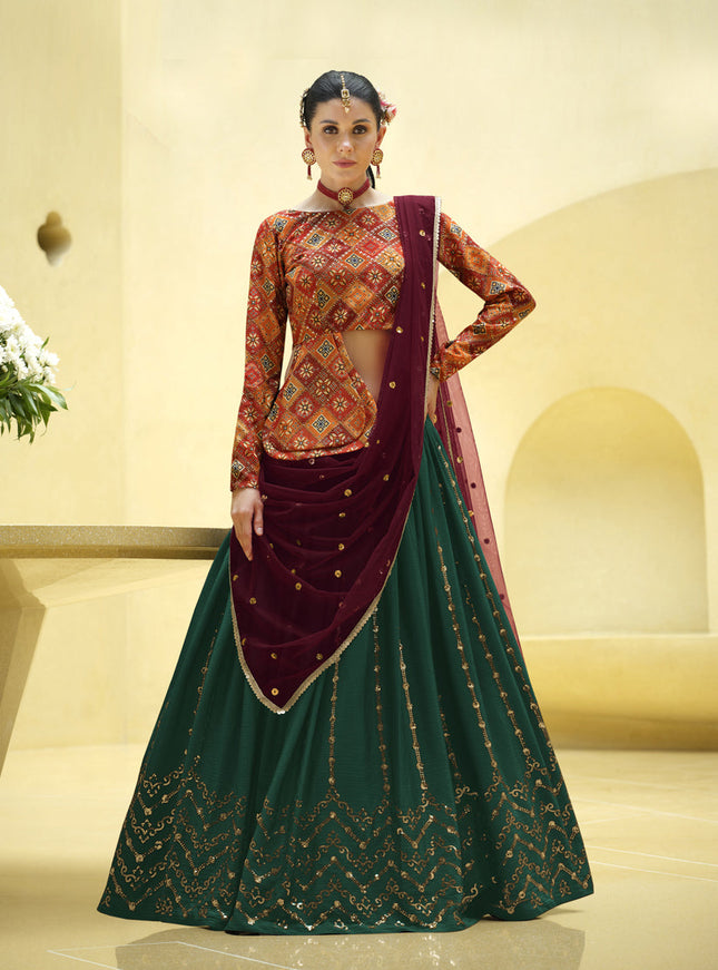 Delightful Pine Green Chinnon Silk Embellished Designer Lehenga Choli