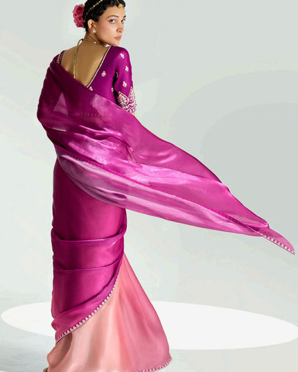 Adorable Coral Pink and Magenta Organza Tissue Embroidered Designer Wedding Saree