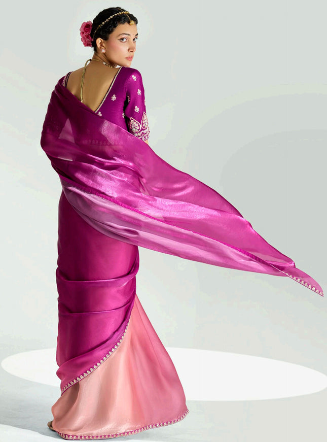 Adorable Coral Pink and Magenta Organza Tissue Embroidered Designer Wedding Saree