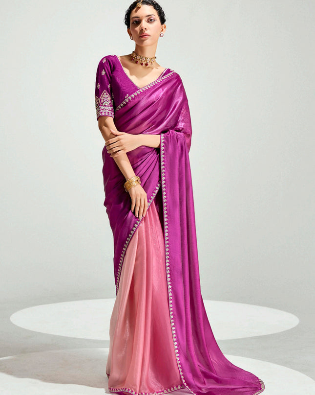 Adorable Coral Pink and Magenta Organza Tissue Embroidered Designer Wedding Saree