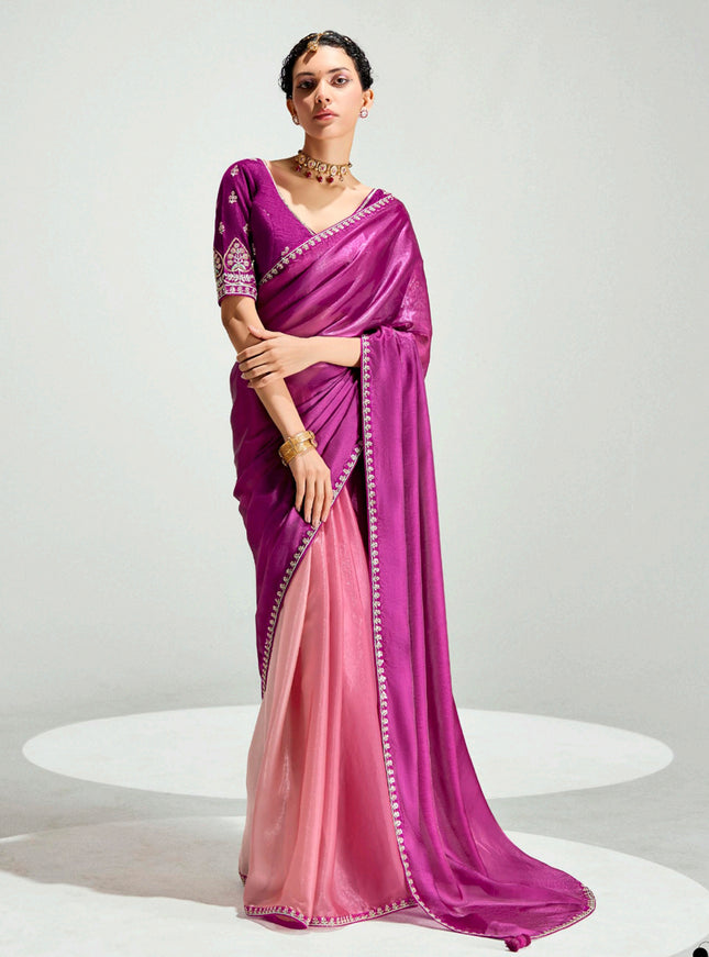Adorable Coral Pink and Magenta Organza Tissue Embroidered Designer Wedding Saree