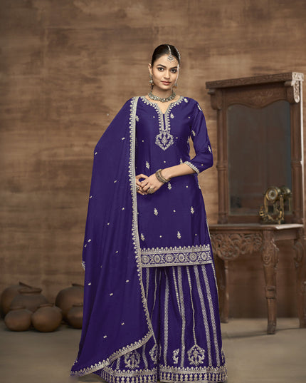 violet chinnon silk embroidered readymade palazzo kameez