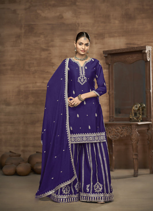 violet chinnon silk embroidered readymade palazzo kameez