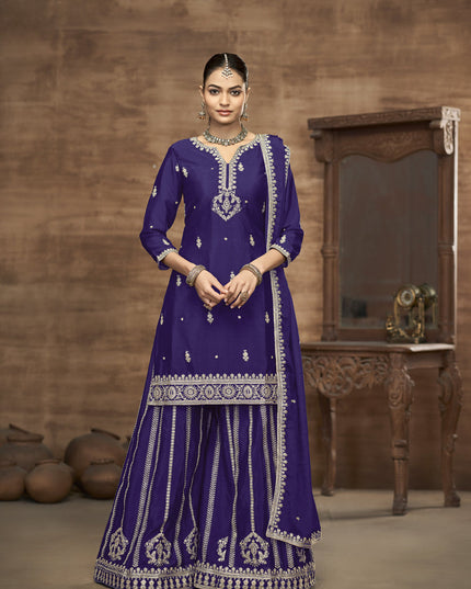 violet chinnon silk embroidered readymade palazzo kameez