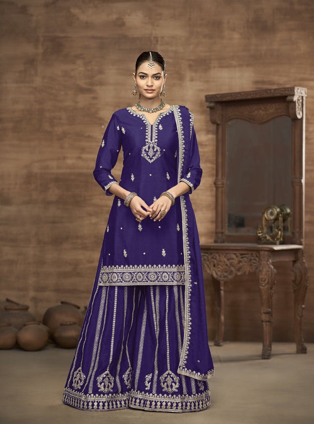 violet chinnon silk embroidered readymade palazzo kameez