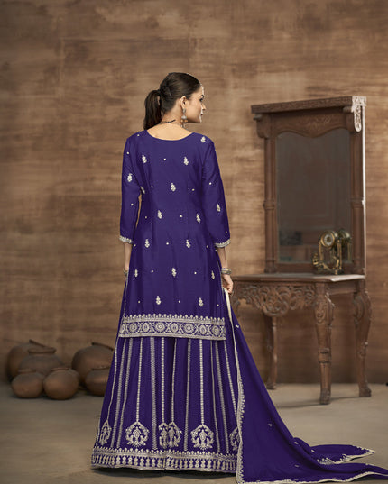 violet chinnon silk embroidered readymade palazzo kameez
